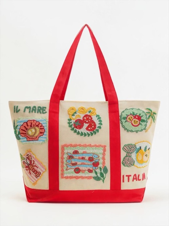 america and beyond Handbags - Embroidered Italian Coastal Tote Bag Canvas Beach Market Bag NWT